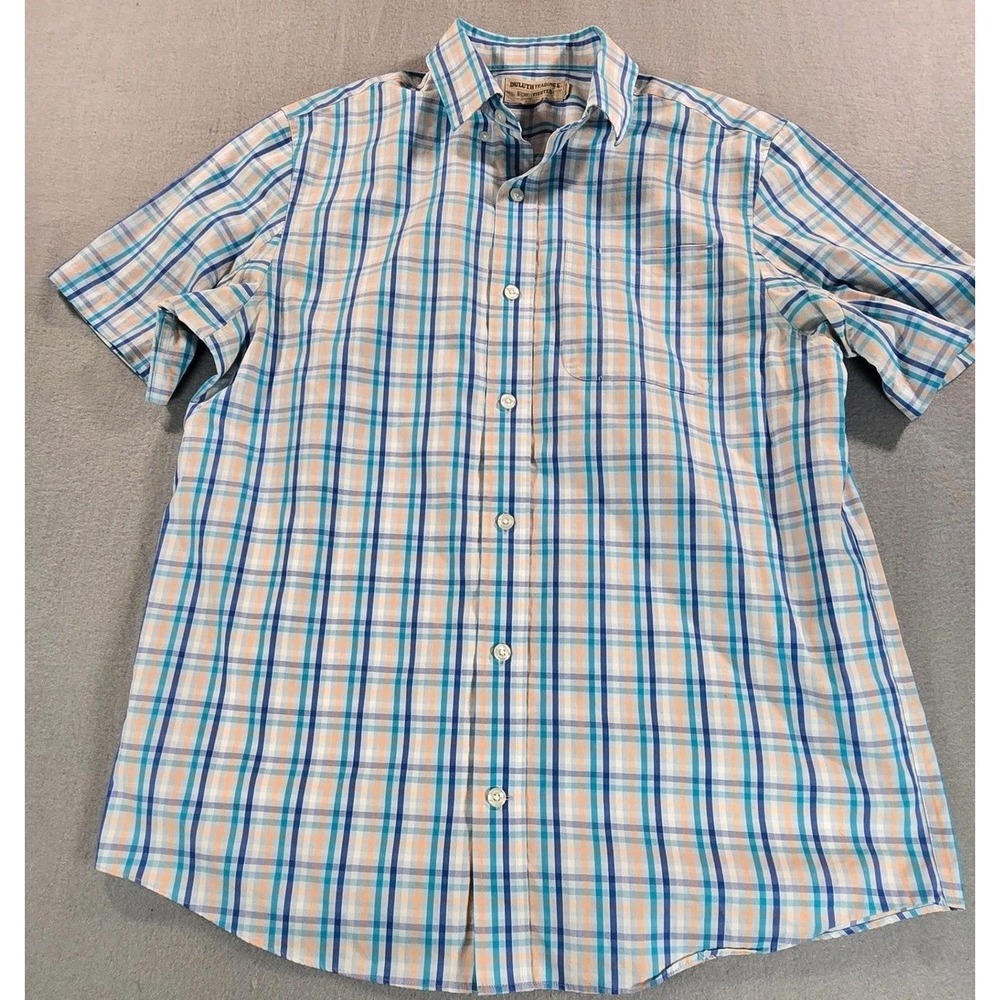 Duluth Trading Co Shirt Mens L Blue Orange Plaid Wrinklefighter Relaxed Fit‎